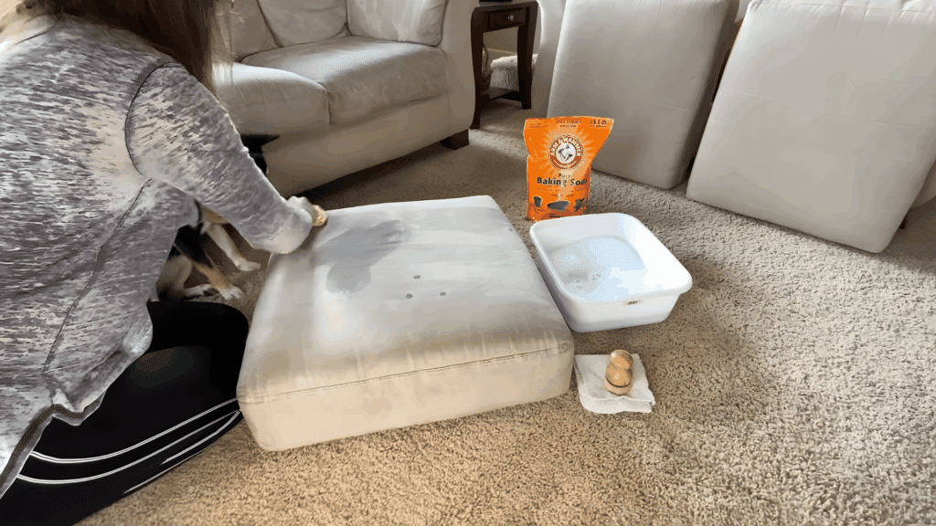 woman scrubbing stained cushion on carpet with brush beside bowl of cleaning solution