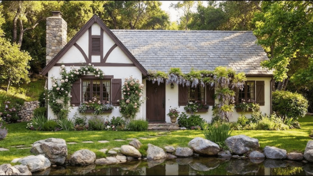 wood and stone tudor cottage house with porch