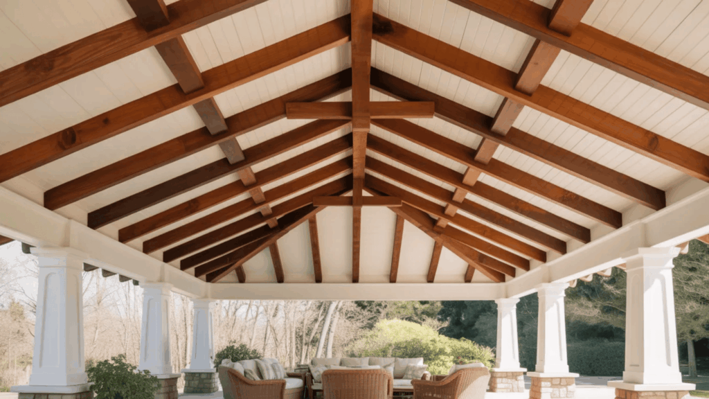 wood beam and white panel porch ceiling with beams porch ceiling ideas