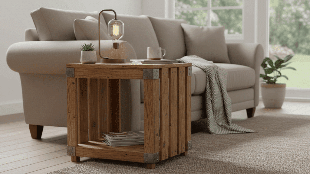 wood crate style end table beside sofa with lamp and storage shelf for diy furniture idea