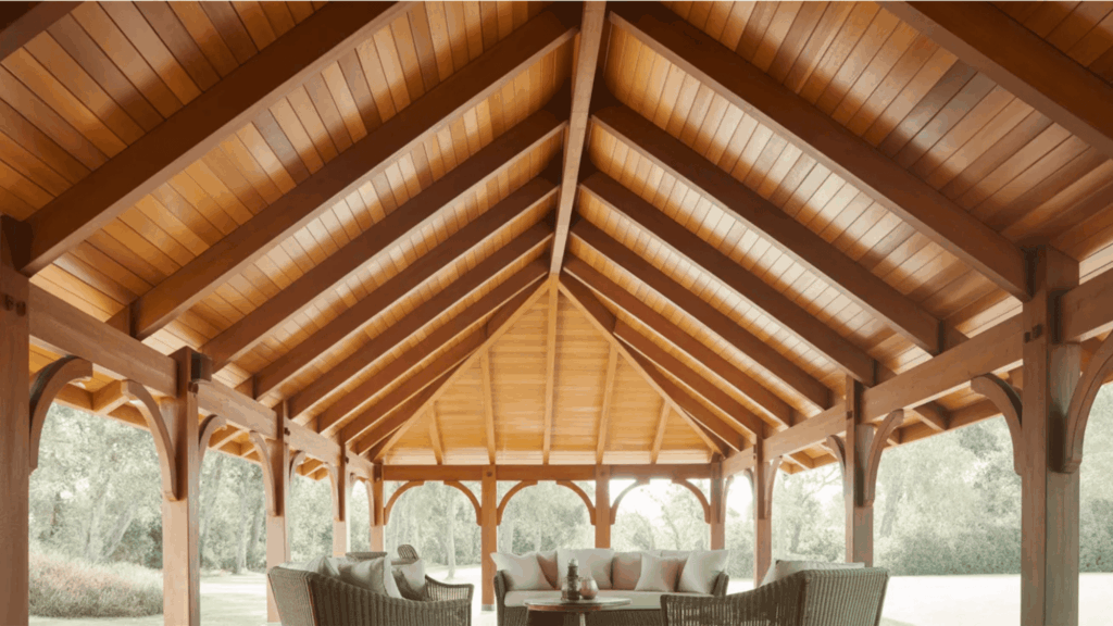 wood porch ceiling with beams and a detailed structure porch ceiling ideas