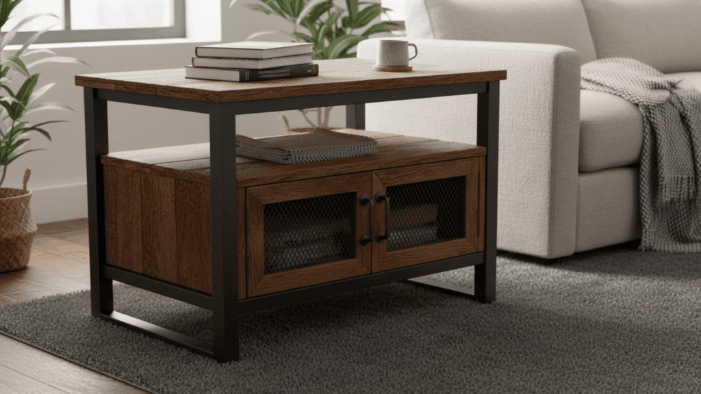 wood storage end table with cabinet doors and shelf placed beside sofa for diy home furniture idea
