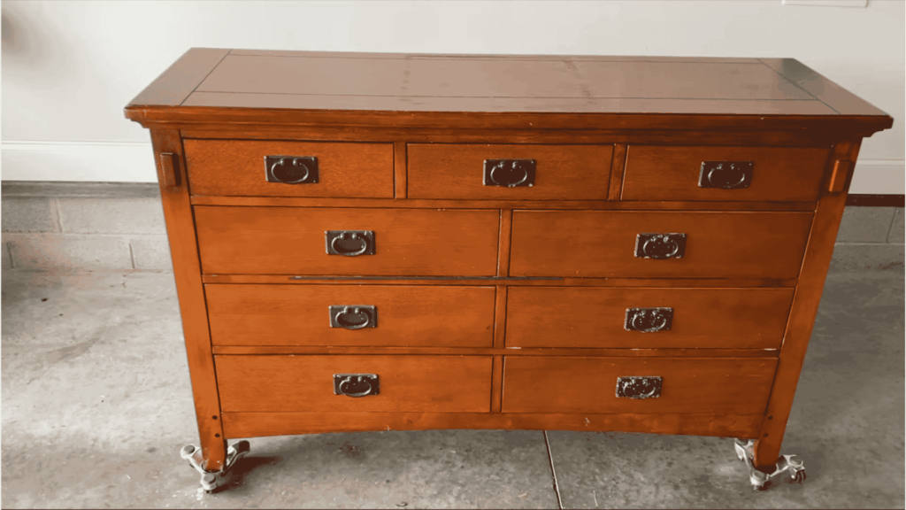 wooden dresser before painting showing original finish for how to paint furniture beginner project