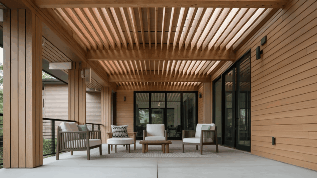wooden slat ceiling with an open design on a porch porch ceiling ideas