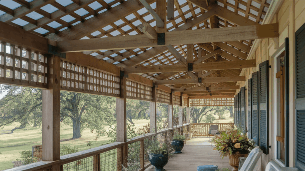wooden trellis style porch ceiling with open design porch ceiling ideas