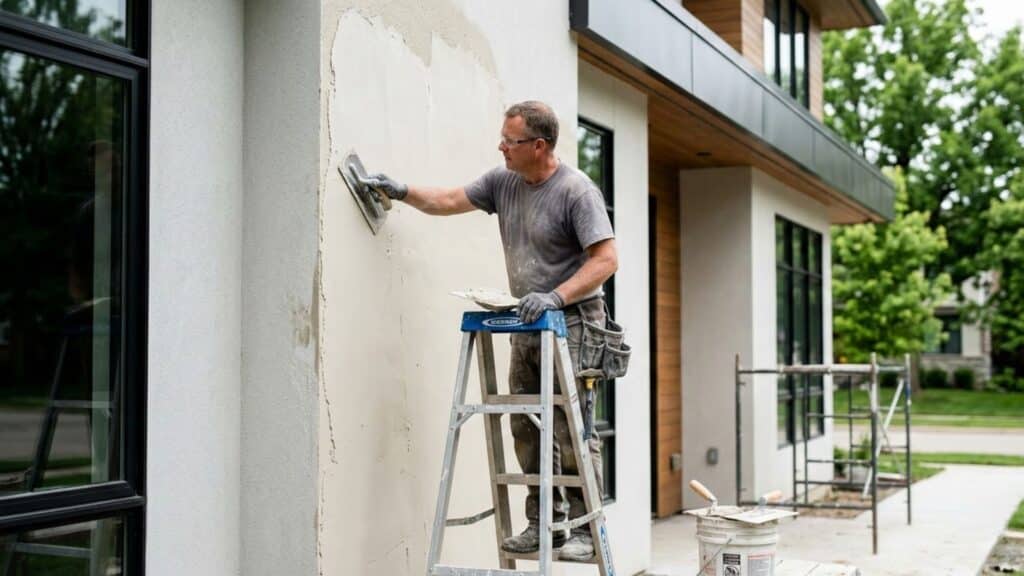 What Is Stucco: Materials, Types and Installation worker applying stucco plaster to exterior wall of a modern home