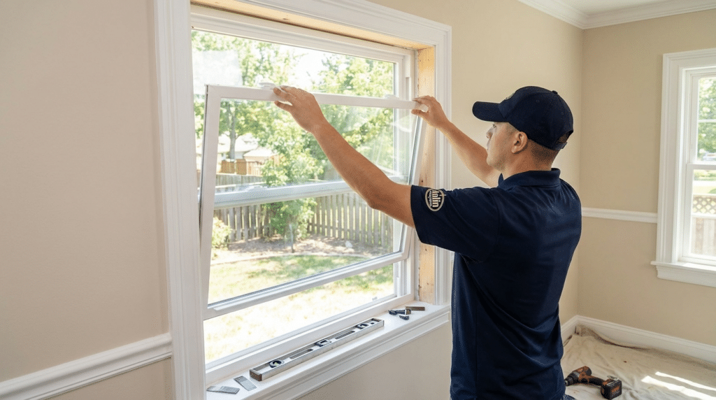 worker installing window frame inside a room holding glass panel in place with tools on sill and yard visible outside
