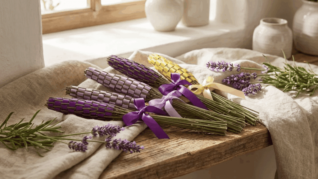 woven lavender bundles on table showing how to dry lavender bundles