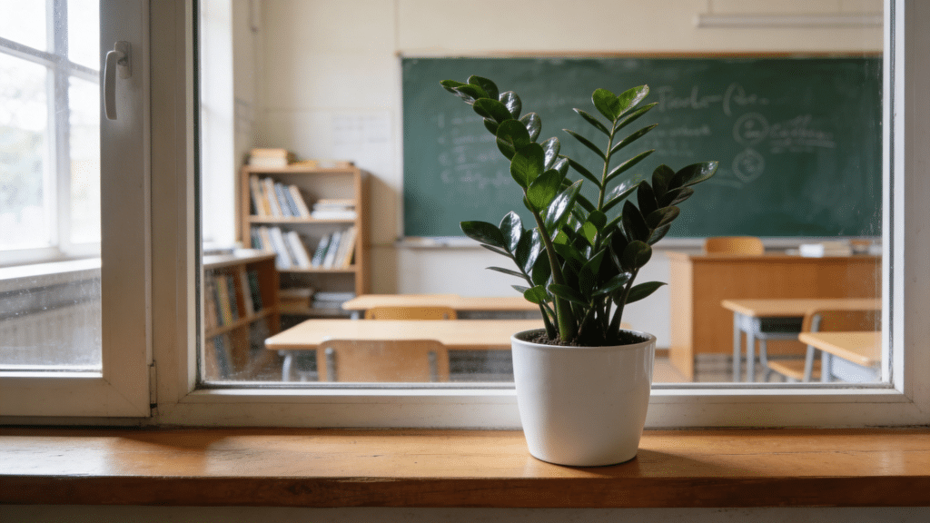 zz plant with glossy leaves in classroom window sill