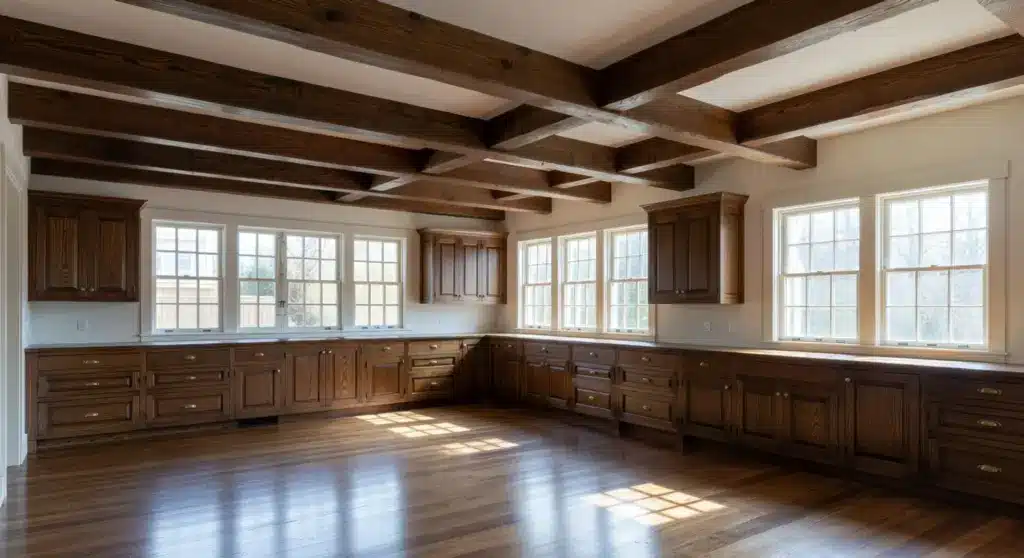 A Craftsman-style kitchen featuring dark wood cabinetry, exposed wooden beams, and large windows that provide natural light