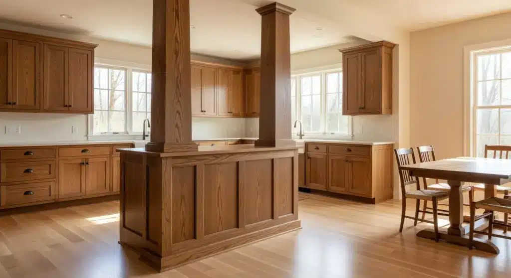 A Craftsman-style kitchen featuring square tapered columns between the kitchen and dining area, with warm wood cabinetry, light countertops, and ample natural light