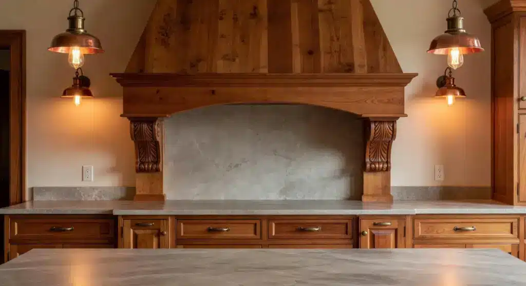 A Craftsman-style kitchen with a wooden range hood, copper pendant lighting, and rich wood cabinetry, complemented by a stone countertop and backsplash.
