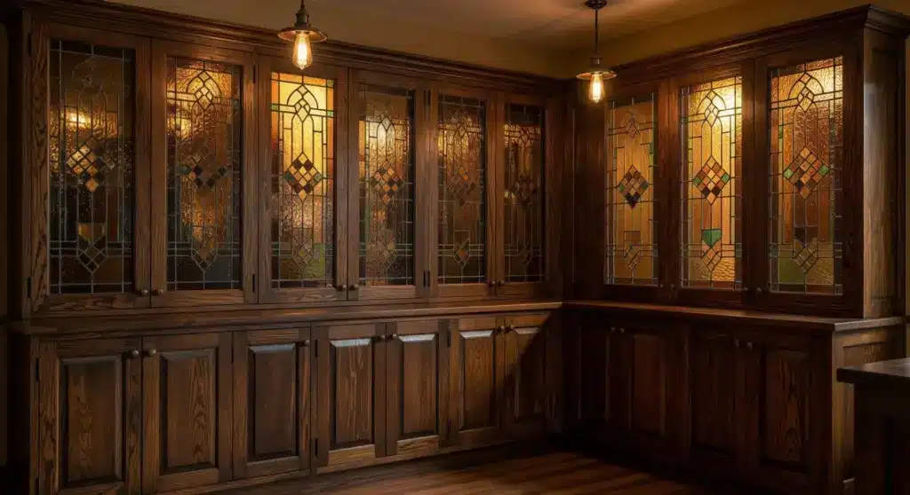 A Craftsman-style kitchen with wooden cabinetry featuring stained glass doors, complemented by warm lighting from hanging pendant lights, creating a cozy and timeless atmosphere