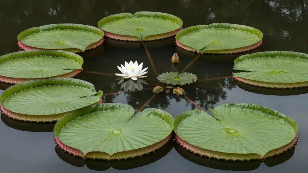 A beautiful white water lily surrounded by large, round green lily pads with pink edges, floating on calm water.