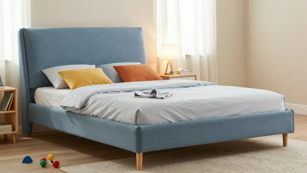 A bedroom featuring a blue upholstered bed with colorful pillows, neatly arranged bedding, and a soft rug on the floor. A bedside table with a lamp and toys scattered nearby