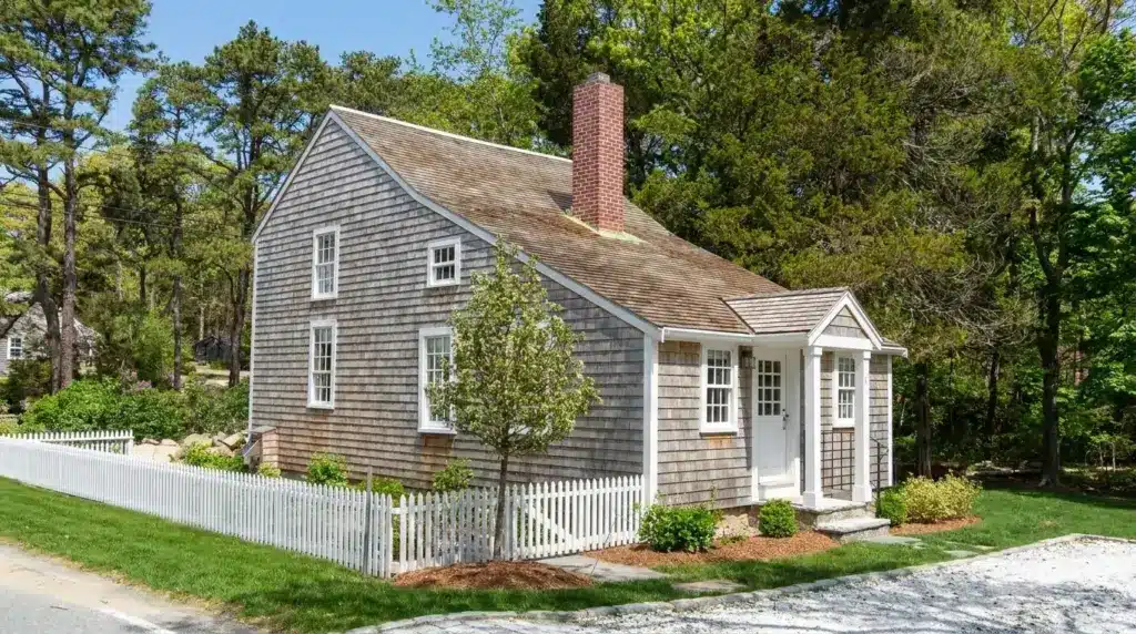 A cedar-shingled reverse saltbox house with a white picket fence, a brick chimney, and a small front porch.