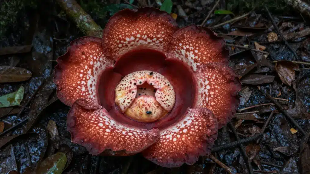A close-up of a Rafflesia flower with its large, reddish petals dotted with white spots, and insects visible inside its central opening, resting on the forest floor.
