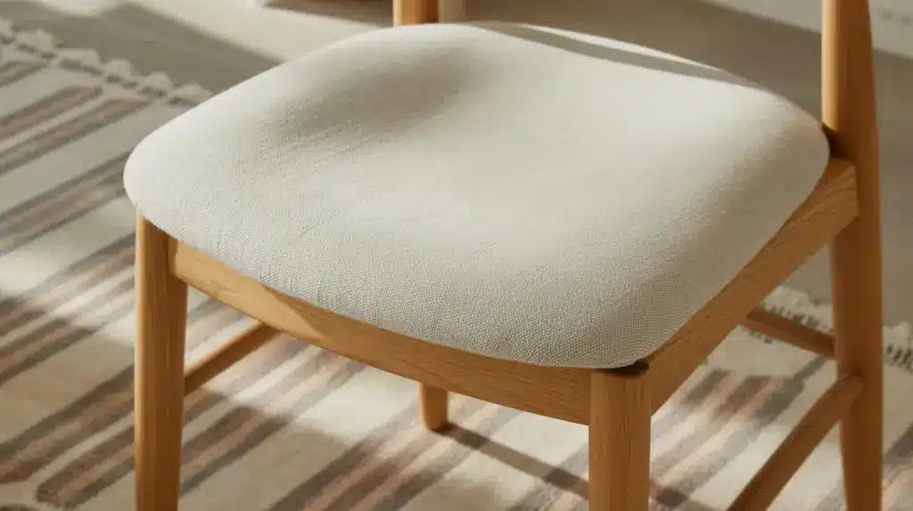 A close-up of a beige upholstered dining chair with a wooden frame, sitting on a patterned rug