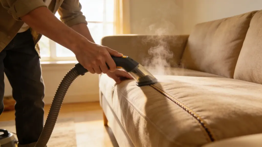 A close-up of a person vacuuming the deep crevices and seams of a gray upholstered sofa to remove hidden insects.