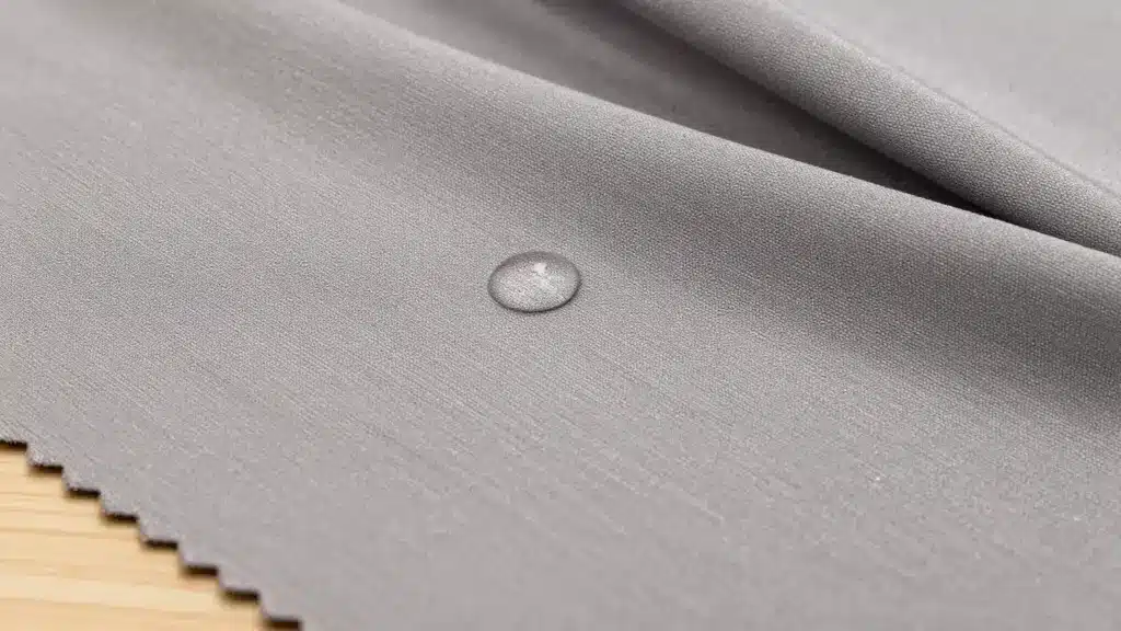 A close-up of a water droplet sitting on a smooth grey polyester fabric, demonstrating its water-resistant properties.