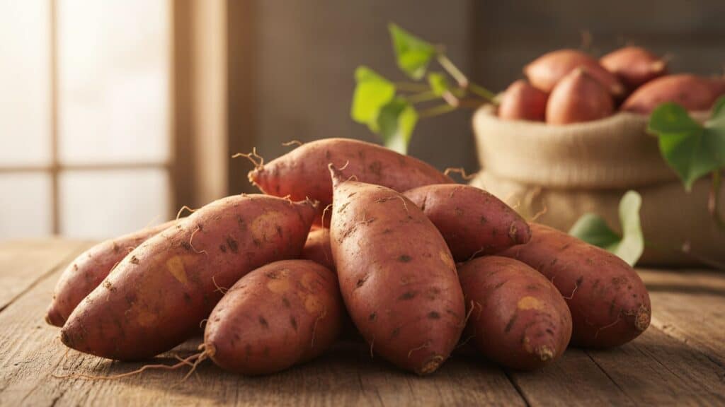 A close-up view of freshly harvested sweet potatoes stacked together on a wooden surface. A burlap sack filled with more sweet potatoes is visible in the background with a soft, natural light filtering