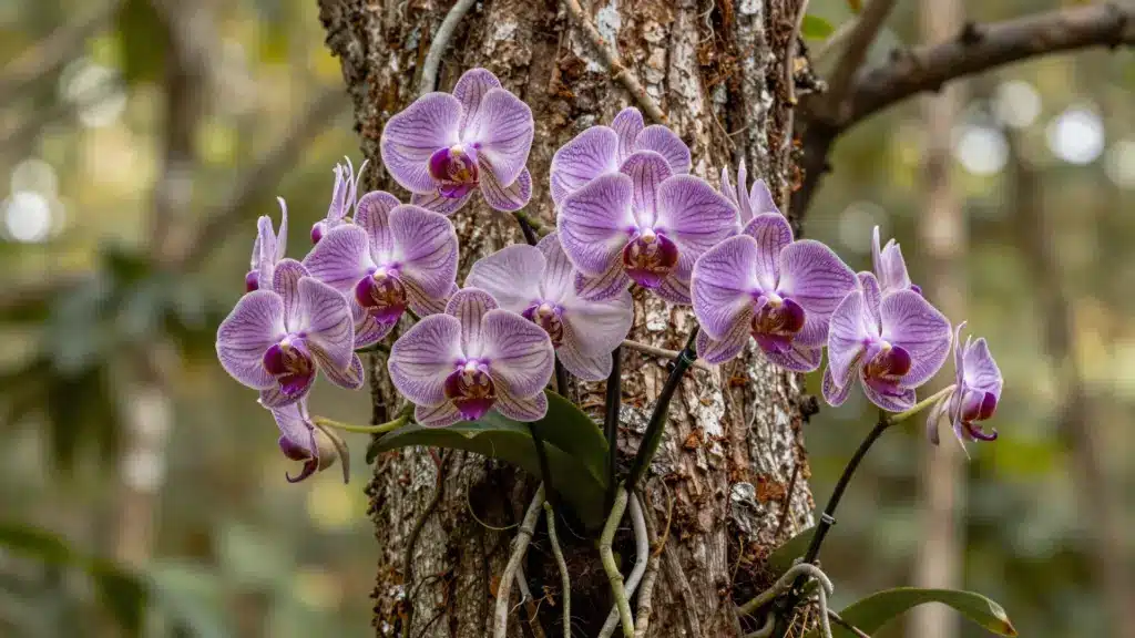 A cluster of beautiful purple and white orchids blooming on a tree trunk, with soft, blurred foliage in the background