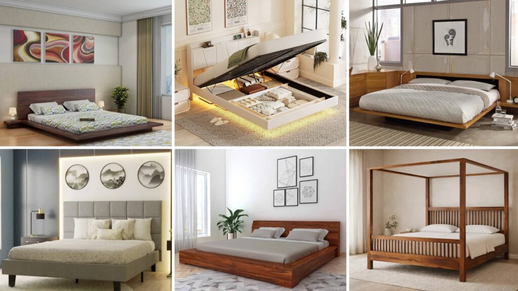 A collage of different types of platform beds, including a storage bed, low-profile wooden bed, and a canopy bed, showcasing various styles and designs.