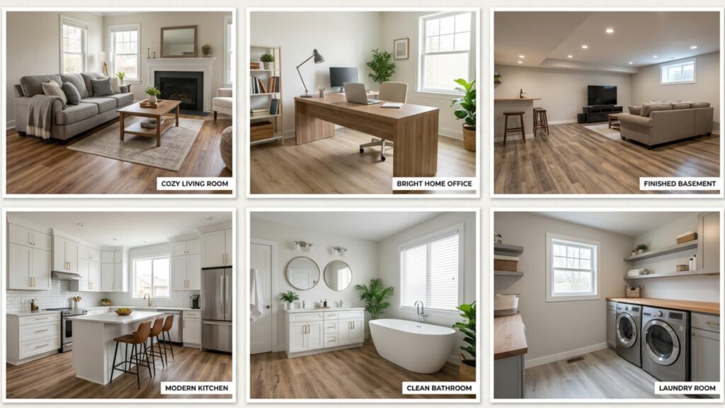 A collage of six modern home spaces, including a living room, office, basement, kitchen, bathroom, and laundry room