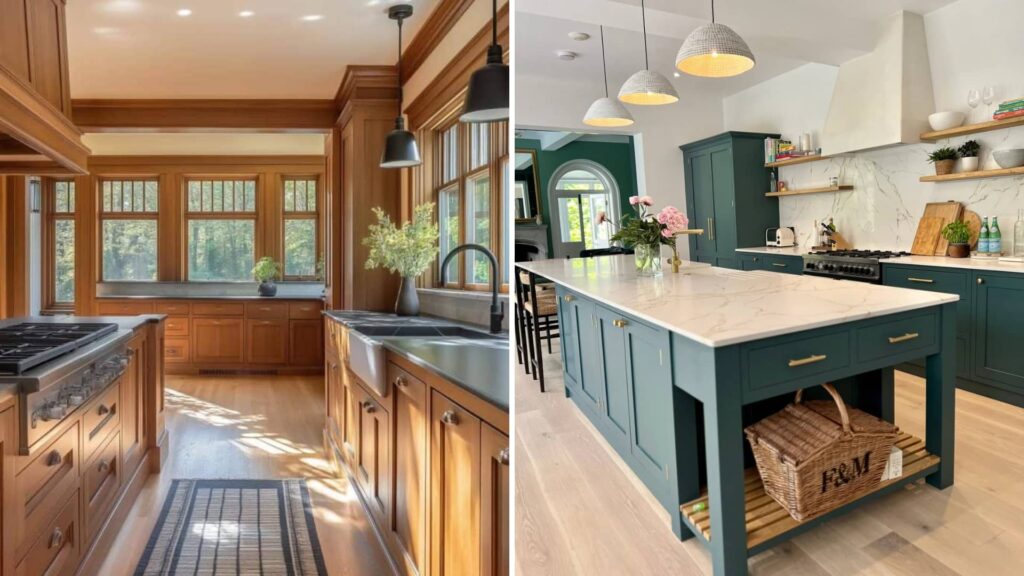 A comparison of a warm Craftsman kitchen with wood cabinetry and a modern Shaker kitchen with teal cabinets and a marble island.