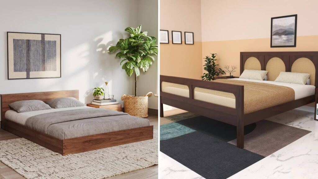 A comparison of two bedroom styles, featuring a platform bed with minimal design and a panel bed with a decorative headboard and cane detailing