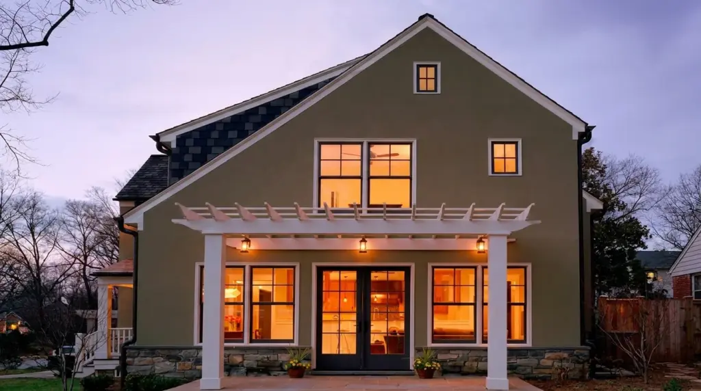A contemporary olive green saltbox house featuring large windows, a warm interior glow, and a modern wooden pergola.