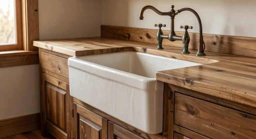 A farmhouse sink with a vintage-style faucet and wooden countertops in a rustic kitchen setting