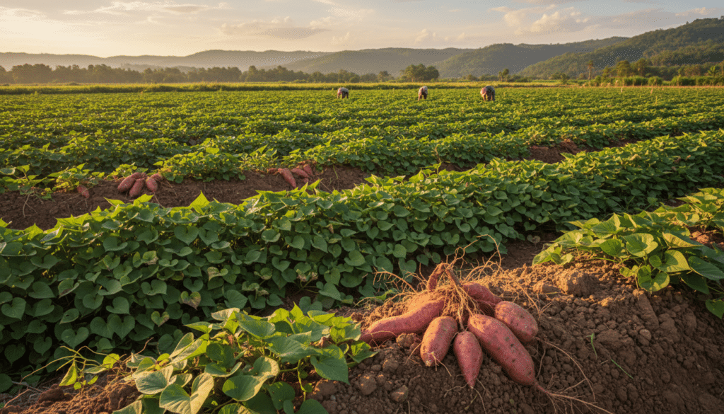 How Long Do Sweet Potatoes Really Take to Grow A field of sweet potato plants with workers harvesting the tubers in the background under a bright, sunny sky. The sweet potatoes are visible on the soil's surface, surrounded by green vines.
