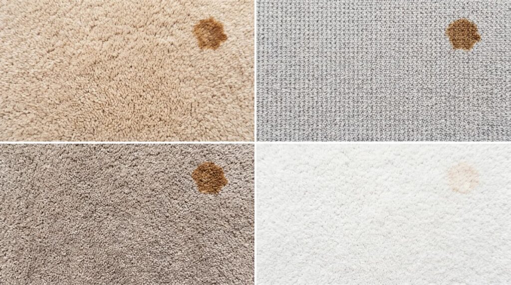 A four-panel comparison showing coffee stains on different carpet textures, including wool, synthetic, and shag piles.