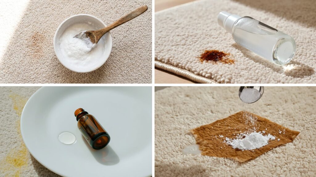 A four-part collage showing home remedies like baking soda paste, a spray bottle, and essential oils used for carpet cleaning.