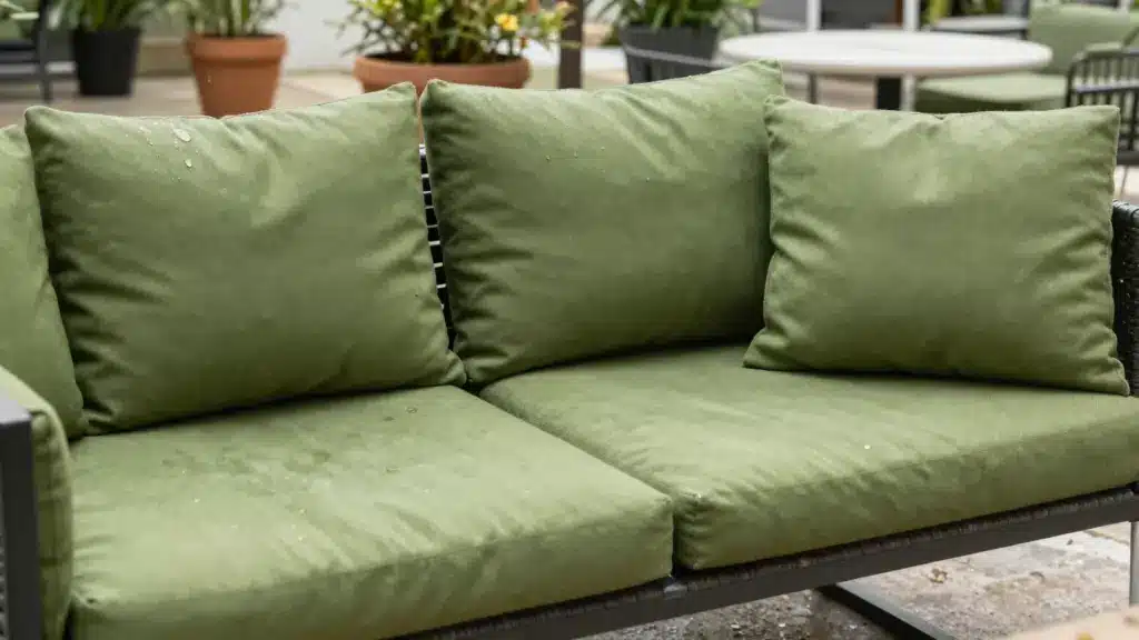 A green outdoor sofa with cushioned seating, showcasing water droplets on the fabric. The sofa is framed with dark, woven material and surrounded by potted plants in a garden setting
