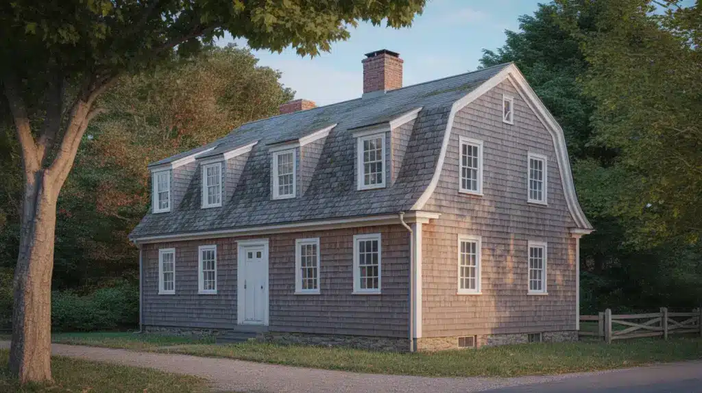 A grey shingled Portsmouth saltbox house with a double-pitched gambrel roof, white-trimmed windows, and a classic brick chimney.