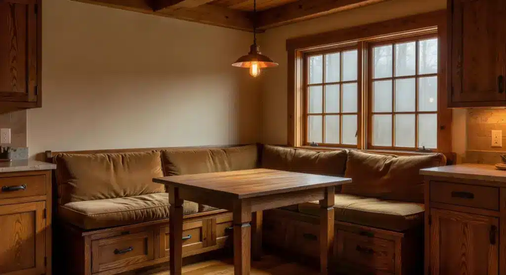A hand-painted artisan tile backsplash featuring ginkgo leaf patterns in various shades of green, set against a simple countertop and framed by wooden cabinetry.