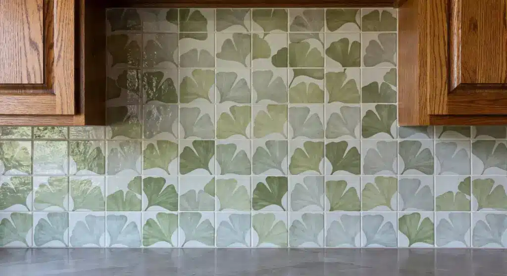 A hand-painted artisan tile backsplash featuring ginkgo leaf patterns in various shades of green, set against a simple countertop and framed by wooden cabinetry