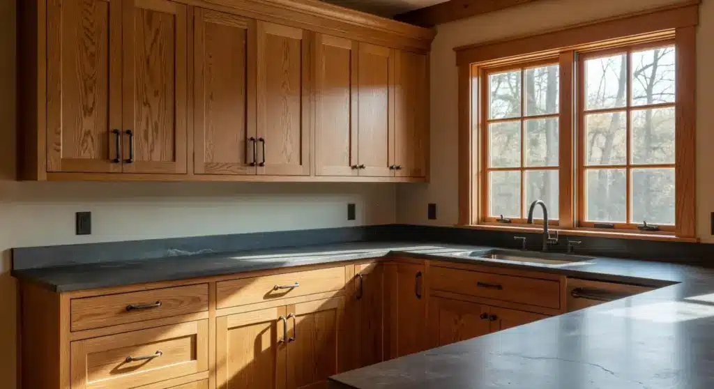 A kitchen with quarter-sawn oak cabinets, dark stone countertops, and natural light from a window above the sink.