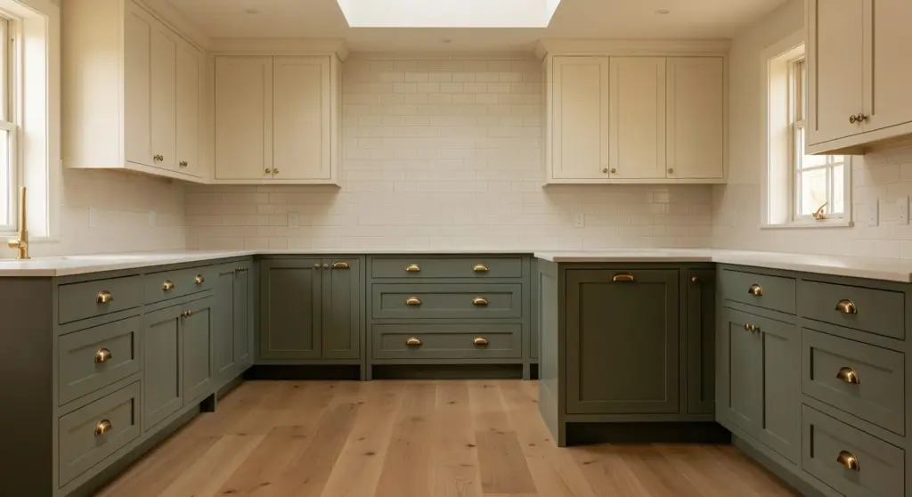 A kitchen with two-tone cabinetry, featuring light upper cabinets and dark green lower cabinets, complemented by brass hardware and a neutral subway tile backsplash