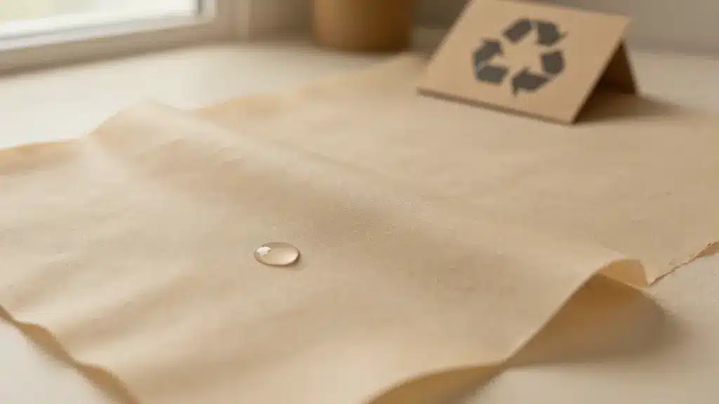 A light beige olefin fabric with a water droplet on its surface, accompanied by a small recycled paper sign with a recycling symbol in the background
