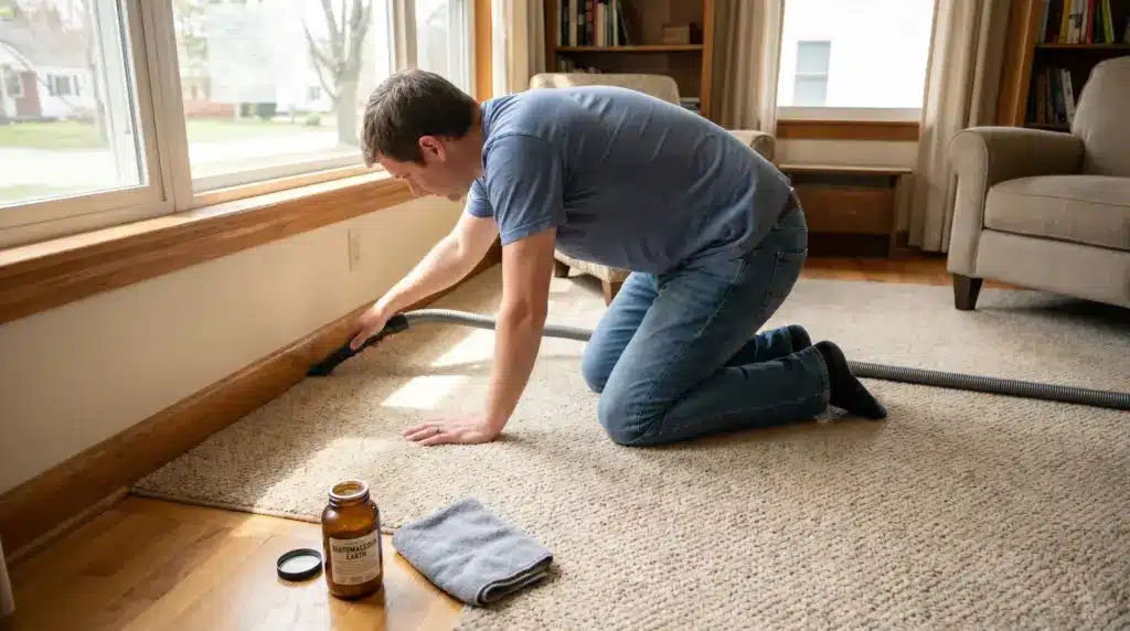 A man kneeling on a carpeted floor, using a small tool to carefully inspect the baseboard area near a large window.