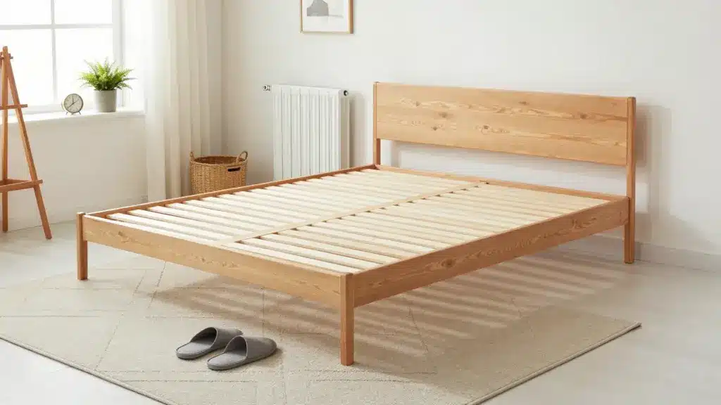 A minimalist platform bed with a wooden frame and slatted base, positioned in a bright room with neutral decor and natural light.