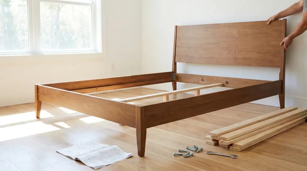 A person assembling a wooden platform bed frame, with tools and assembly instructions laid out on the floor