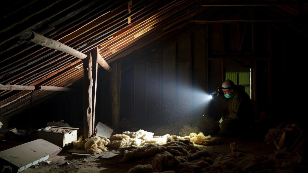 A person wearing a protective mask and headlamp inspects a dark, dusty attic crawl space filled with insulation.