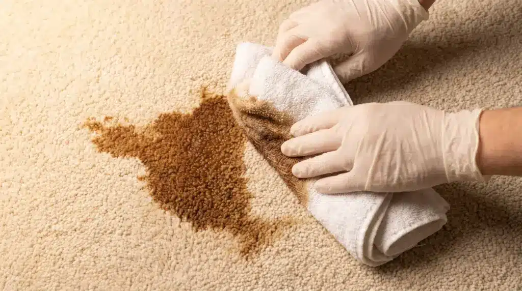 A person wearing white gloves uses a white cloth to blot a large, dark coffee stain on a light beige carpet