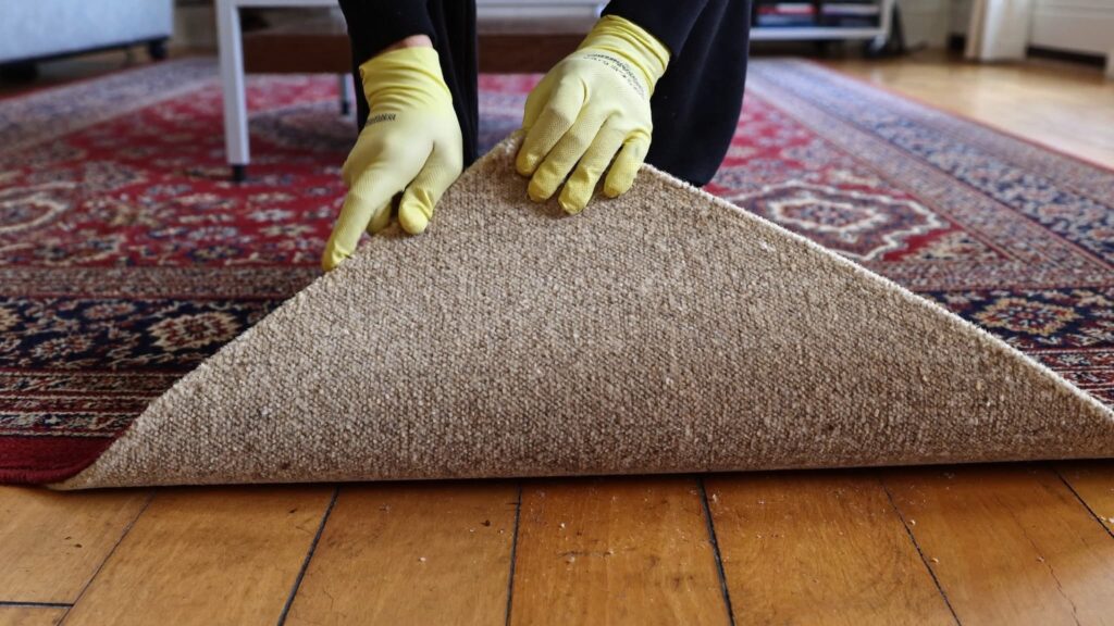 A person wearing yellow gloves lifts the corner of a patterned area rug to inspect the wooden floor underneath
