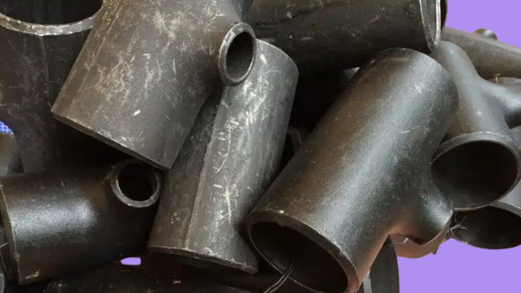 A pile of black plastic T-shaped pipe fittings, stacked together with visible scuff marks, against a purple background.
