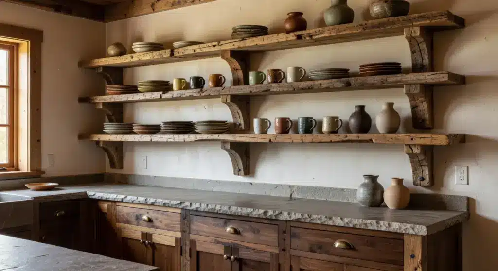 A rustic kitchen with reclaimed wood shelving, showcasing pottery and plates, supported by handcrafted brackets, complementing the earthy cabinets and stone countertop